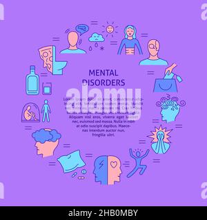 Mental disorders round concept banner in colored line style. Psychological problems poster with place for text. Vector illustration. Stock Vector