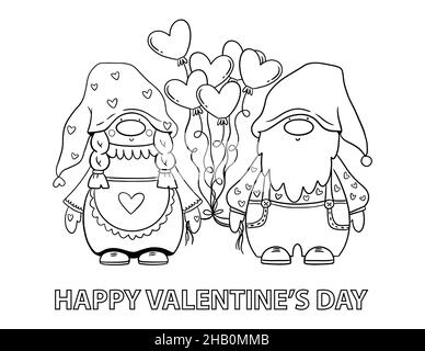 Valentine's gnomes coloring book page. Happy Valentines day coloring card for kids. Stock Photo