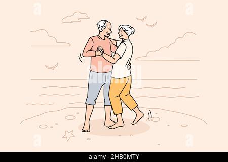 Happy active lifestyle of mature people concept. Smiling happy positive elderly couple man and woman standing dancing and enjoying weekend on beach vector illustration  Stock Vector