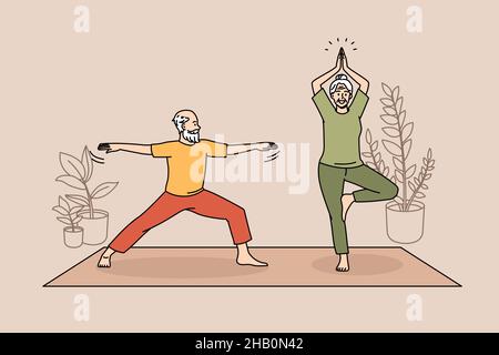 Healthy active lifestyle of elderly people concept. Smiling senior couple woman and man practicing yoga on fitness mat at home together vector illustration  Stock Vector
