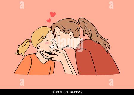 Happy motherhood and childhood concept. Young loving mother woman kissing her small girl daughter feeling love and care vector illustration  Stock Vector