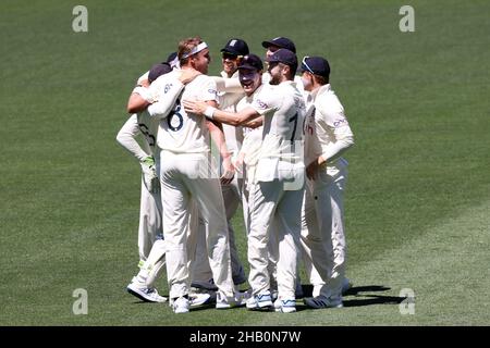 Adelaide, Australia. 16th Dec, 2021. Stuart Broad of England celebrates bowling Marcus Harris of Australia during the Second Test Match in the Ashes series between Australia and England. Credit: Peter Mundy/Speed Media/Alamy Live News Stock Photo