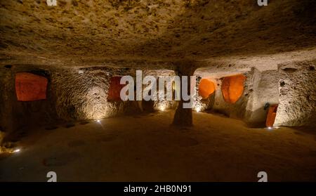 Kaymakli, Turkey. Ancient multi-level underground cave city in Cappadocia, Turkey. Stock Photo