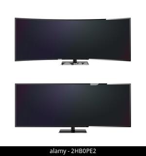 Vector realistic ultra wide curved modern computer LCD monitor. Front view television or computer black screen mock up. Isolated on white background. Stock Vector
