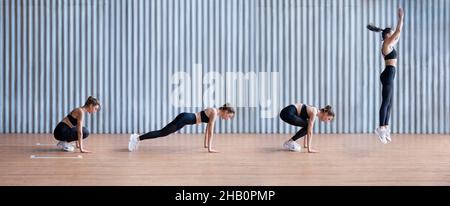 Fit woman doing a burpee exercise. Endurance training. Step by step instructions burpee. Stock Photo