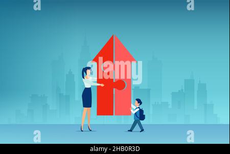Vector of a teacher and a student putting up together puzzle pieces into an arrow growing up Stock Vector