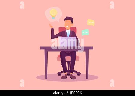 Vector of a businessman sitting at the desk working on computer has a bright idea Stock Vector
