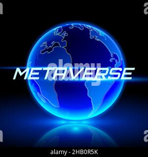 METAVERSE text on hologram planet earth. Internet supporting persistent online 3D virtual environments. Stock Vector