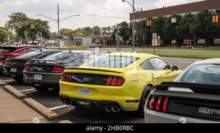 ROYAL OAK, MI/USA - AUGUST 20, 2021: Four Ford Mustang cars on the Woodward Dream Cruise route. Stock Photo