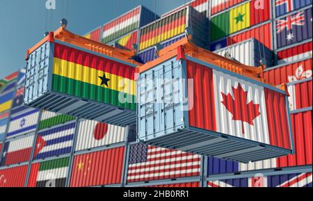 Freight containers with Hong Kong and United Kingdom national flags. 3D Rendering Stock Photo