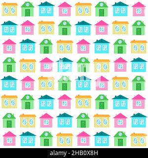 Seamless pattern with colorful cartoon houses. Cute illustration in pastel tones. Print for textile, interior, wrapping paper, design and decor.  Stock Vector