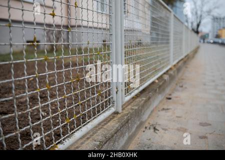 Old rusty white wire fence covered with moss and lichen next to garden of house on street with sidewalk Stock Photo