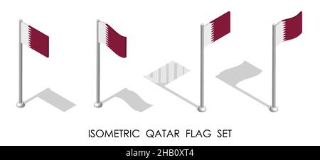 isometric flag of QATAR in static position and in motion on flagpole. 3d vector Stock Vector