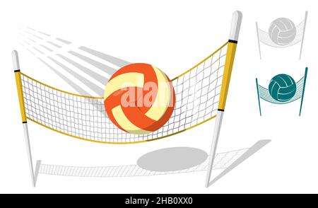Cartoon volleyball ball flies with great speed after great hit flies into net. Sport equipment. Illustration for beach and classic volleyball. Cartoon Stock Vector