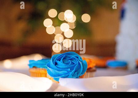 Blue and orange cupcakes on table with bokeh background Stock Photo