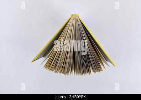 View on open book directly above on white background Stock Photo