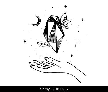 Woman hand holding magic soaring crystal for healing with crescent and leafs. Gem stone mineral alternative medicine and treatment eco logo sketch. Linear drawing vector eps illustration Stock Vector