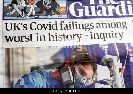 The Guardian front page coronavirus newspaper headline  'UK's Covid failings among the worst in history - inquiry' 12 October 2021 London England UK Stock Photo