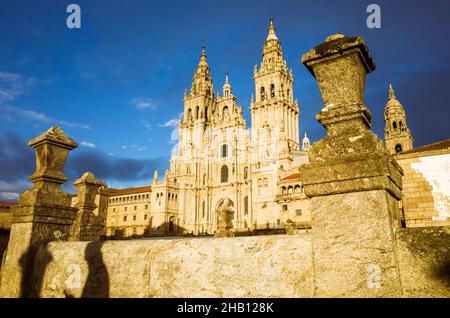 Santiago de Compostela, A Coruña province, Galicia, Spain - February 12th, 2020 : Baroque Obradoiro facade of the compostela Cathedral, the reputed bu Stock Photo