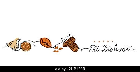 Tu Bishvat, hebrew holiday of fruit trees. One line art drawing of dried fruits fig fruits, apricot, dates. Vector background, banner, poster. Tu Stock Vector