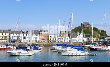 Ilfracombe Devon The Chapel of St Nicholas above the fishing boats and yachts in the harbour and town of Ilfracombe Devon England UK GB Europe Stock Photo