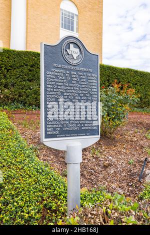 Livingston, Texas, USA - June 28, 2021: Plaque tells the history of the County Courthouse Stock Photo