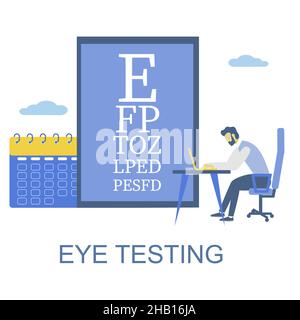 Online eye test chart. Man testing vision from home, flat vector illustration. Online eyesight and vision checkup. Stock Vector