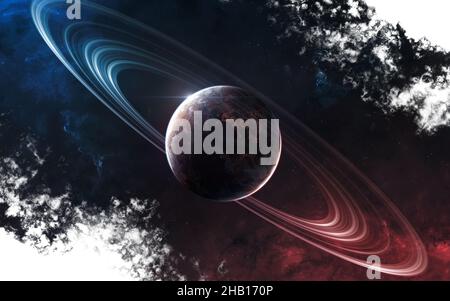 Space art in dust splash style on white background. Inhabited planet of deep space in light of red and blue star Stock Photo