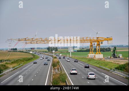Henin-Beaumont (northern France), on September 19, 2021: building work, project to rebuild a 400 kV double electrical link over 30 km between Lille an Stock Photo