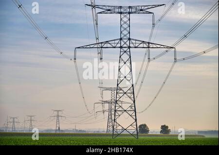 Henin-Beaumont (northern France), on September 22, 2021: building work, project to rebuild a 400 kV double electrical link over 30 km between Lille an Stock Photo