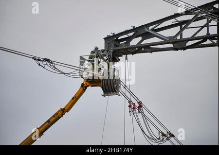 Henin-Beaumont (northern France), on September 30, 2021: building work, project to rebuild a 400 kV double electrical link over 30 km between Lille an Stock Photo