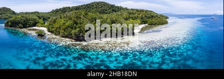 Beautiful coral reefs fringe remote limestone islands in Raja Ampat, Indonesia. The reefs here are home to the world's greatest marine biodiversity. Stock Photo