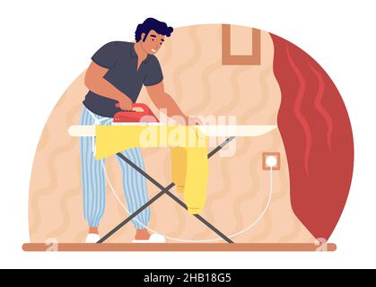 Man ironing clothes, vector illustration. Housework, household chores, housekeeping, everyday routine. Stock Vector