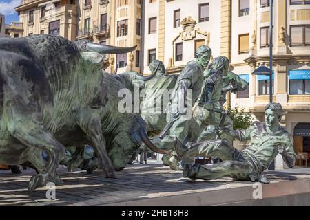 PAMPLONA: SPAIN-AUGUST 5; 2021: Monument to running of the bulls (encierro). San Fermin Festival. Stock Photo