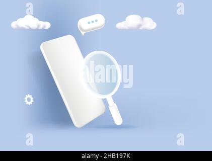 3d search template in mobile. With a magnifying glass on an empty mobile phone. Stock Vector