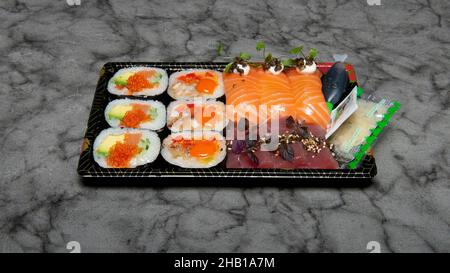 Seafood Sushi Box...Japanese, Thai, Chinese, Korean, Mongolian and Oriental food. Stock Photo