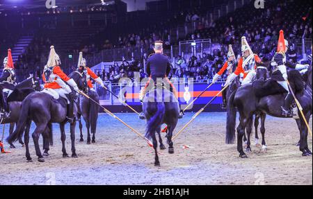 London UK 16 December 2021  The household Cavalry  Mounted Regiment ,performing at the International Horse show in London Excel   Paul Quezada-Neiman/Alamy Live News Stock Photo