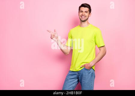 Photo Of Cool Brunet Hairdo Funny Man Wear Pink Shirt Isolated On Blue 