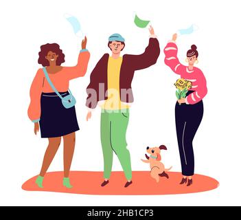 End of quarantine - modern colorful flat design style illustration. Happy young people throw up masks, celebrating victory over virus. Taking care of Stock Vector