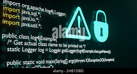 Java code of log4j with security lock, warning sign and digital numbers. Cyberspace and vulnerability. 3D rendering. Stock Photo