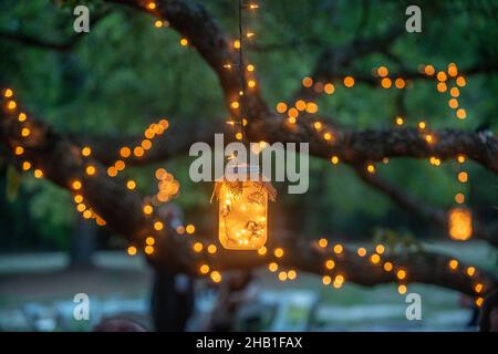 Mason jars filled with warm glowing lights decorations hanging from trees drapped in lights Stock Photo