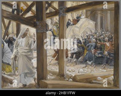 The Jews Took Up Rocks to Stone Jesus, Les juifs prirent des pierres pour lapider Jésus, The Life of Our Lord Jesus Christ, La Vie de Notre-Seigneur Jésus-Christ, James Tissot, French, 1836-1902, Opaque watercolor over graphite on gray wove paper, France, 1886-1896, Image: 6 1/8 x 8 1/4 in., 15.6 x 21 cm, Bible, Biblical, Catholicism, Christ, Christianity, French, God, Jesus, jews, lesson, masses, messiah, New testament, parable, religion, Religious, scaffolding, stones, teaching, wooden structure Stock Photo