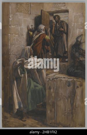 The First Denial of Saint Peter, Premier reniement de Saint Pierre , The Life of Our Lord Jesus Christ, La Vie de Notre-Seigneur Jésus-Christ, James Tissot, French, 1836-1902, Opaque watercolor over graphite on gray wove paper, France, 1886-1894, image: 10 1/2 x 7 1/16 in., 26.7 x 17.9 cm, accusation, Bible, Biblical, Catholicism, Christianity, Easter, french, French artist, French watercolor, Good Firday, james tissot, Jesus, John 18:15-18, Messiah, New, old testament, Peter, religious, religious art, saint peter, Stations of the Cross, stones, Tissot, wall, watercolor, women Stock Photo