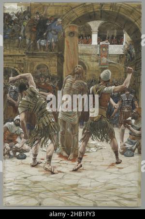 The Scourging on the Front, La flagellation de face, The Life of Our Lord Jesus Christ, La Vie de Notre-Seigneur Jésus-Christ, James Tissot, French, 1836-1902, Opaque watercolor over graphite on gray wove paper, France, 1886-1894, Image: 14 1/4 x 9 11/16 in., 36.2 x 24.6 cm, arch, blood, Christ, Christianity, crowd, flagellation, flaggelation, Jesus, Jesus Christ, John 19:1, New Testament, Pilate, relgion, scourging, whipping Stock Photo