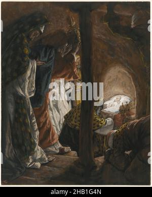 The Adoration of the Magi, L'adoration des mages, The Life of Our Lord Jesus Christ, La Vie de Notre-Seigneur Jésus-Christ, James Tissot, French, 1836-1902, Opaque watercolor over graphite on gray wove paper, France, 1886-1894, Image: 9 15/16 x 8 1/8 in., 25.2 x 20.6 cm, Balthasar, Caspar, cave, Christianity, christmas, crown, epiphany, frankincense, gold, grotto, holy, infant, Jesus, light, magi, Matthew 2:9-11, Melchior, myrrh, New Testament, oil, painting, praise, prayer, religious, religious art, reverence, Tissot, wise men Stock Photo