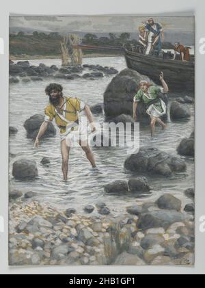 The Calling of Saint James and Saint John, Vocation de Saint Jacques et de Saint Jean, The Life of Our Lord Jesus Christ, La Vie de Notre-Seigneur Jésus-Christ, James Tissot, French, 1836-1902, Opaque watercolor over graphite on gray wove paper, France, 1886-1894, Image: 7 11/16 x 5 3/4 in., 19.5 x 14.6 cm, apostle, apostles, beach, bible, boat, boats, Christianity, fishing, James, John, Mark 1:19-20, new testament, religious art, Saint James, Saint John, saints, Tissot, wading, water, watercolor Stock Photo