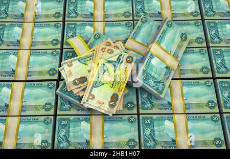 Arab Emirates Dirhams money pack 3d illustration.٢٠ AED Dubai banknote bundle stacks. Concept of finance, cash, economy crisis, business success, rece Stock Photo