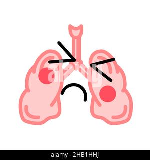 Human lungs with cute face in sick, sad and pain grimace, medical icon on white Stock Vector