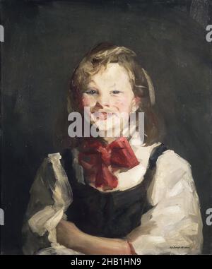 Laughing Girl, Robert Henri, American, 1865-1929, Oil on canvas, 1910, 24 1/8 x 20 1/8 in., 61.2 x 51.1 cm, american, american art, American Realism, Ash Can School, blond, bow, child, henri, jumper, laughing, modern, painting, red bow, The Eight Stock Photo