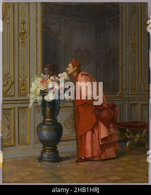 An Embarrassment of Choices, or A Difficult Choice, Un Embarras du Choix, Jehan-Georges Vibert, French, 1840-1902, Oil on panel, France, before 1873, 18 1/8 x 14 1/8 in., 46 x 35.9 cm, 1873, action, anti-Catholic, anti-clerical, aroma, bouquet, cardinal, choice, classic, clergy, European, fleur, flowers, fragrant, freeze, french, glace, hat, interior, Jehan-Georges, man, mirror, mocking, moment, oil, ornate, painting, palace, panel, parquetry, people, red, red robe, reflection, religious, robes, Rococo revival, satire, scarlet, smell, smelling, sniffing, urn, vase, Vibert, x-ray